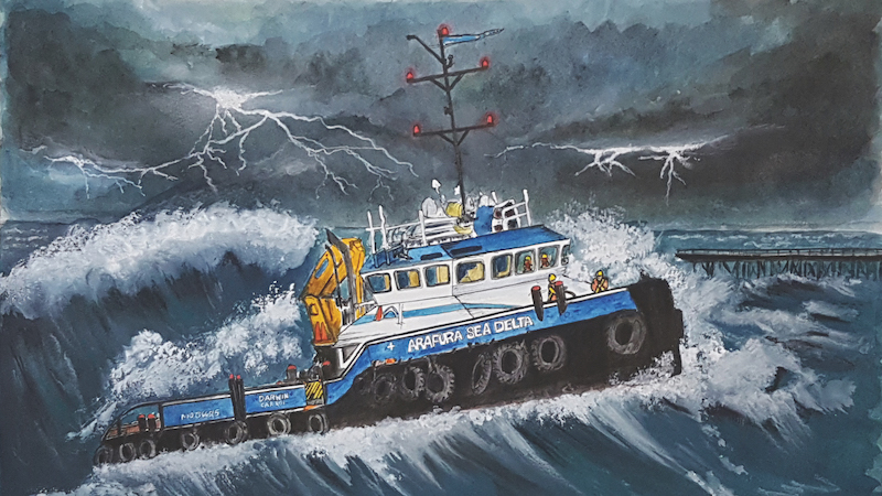 Chelle Destefano, Stormy Seas Boat. Watercolour, ink, gouache, pastel on cold-pressed watercolour paper, 21 x 30cm.
