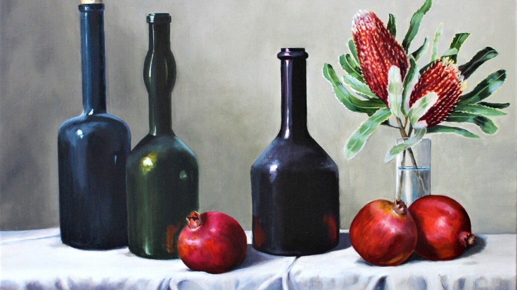 Laura White, Bottles & Banksias. Oil on canvas, 62 x 76cm.