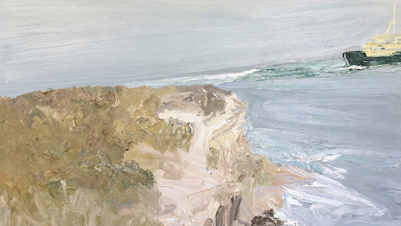 David Wiggs, Manly ferry passing Dobroyd – Plein air. Oil on canvas, 100 x 150cm.