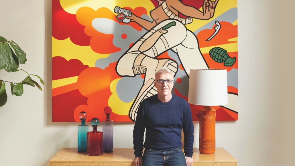 SJB director of interiors, Andrew Parr, has a penchant for bold pieces. Here, he stands in front of Hazel Dooney’s Dangerous Career Babe – The Terrorist.