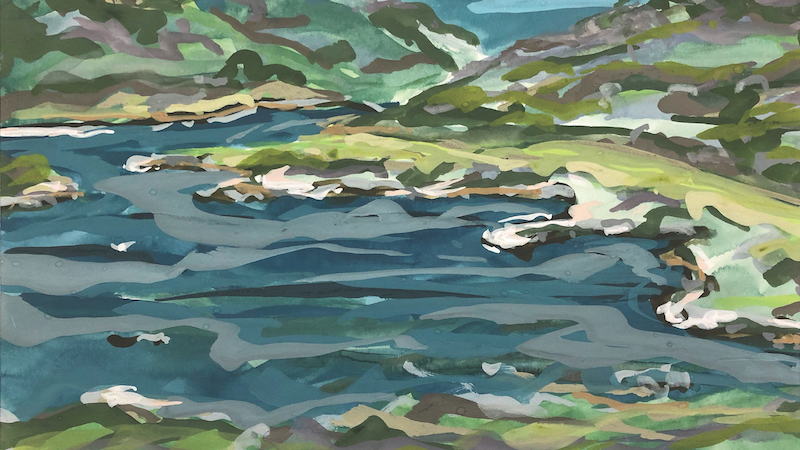 Alison Percy, Rocky Valley Lake 1. Gouache on paper en plein air with Tasmanian oak frame, 50.8 x 61m.