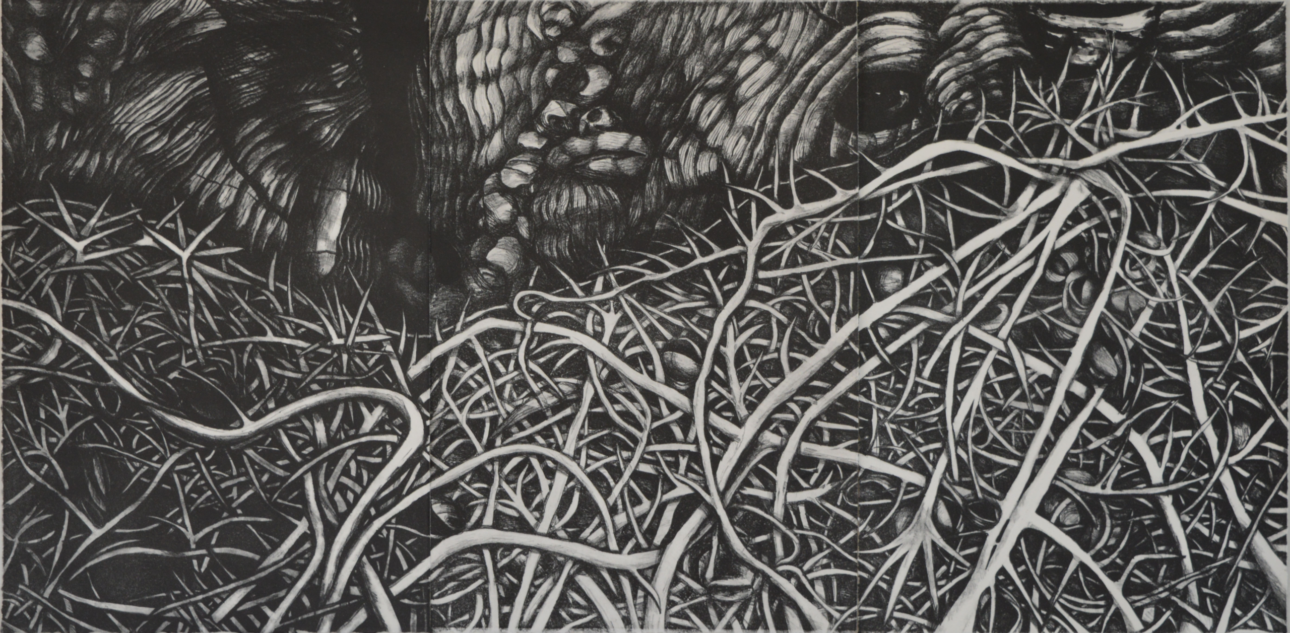 COVID Anxiety, triptych lithograph on paper by Jacqui Driver