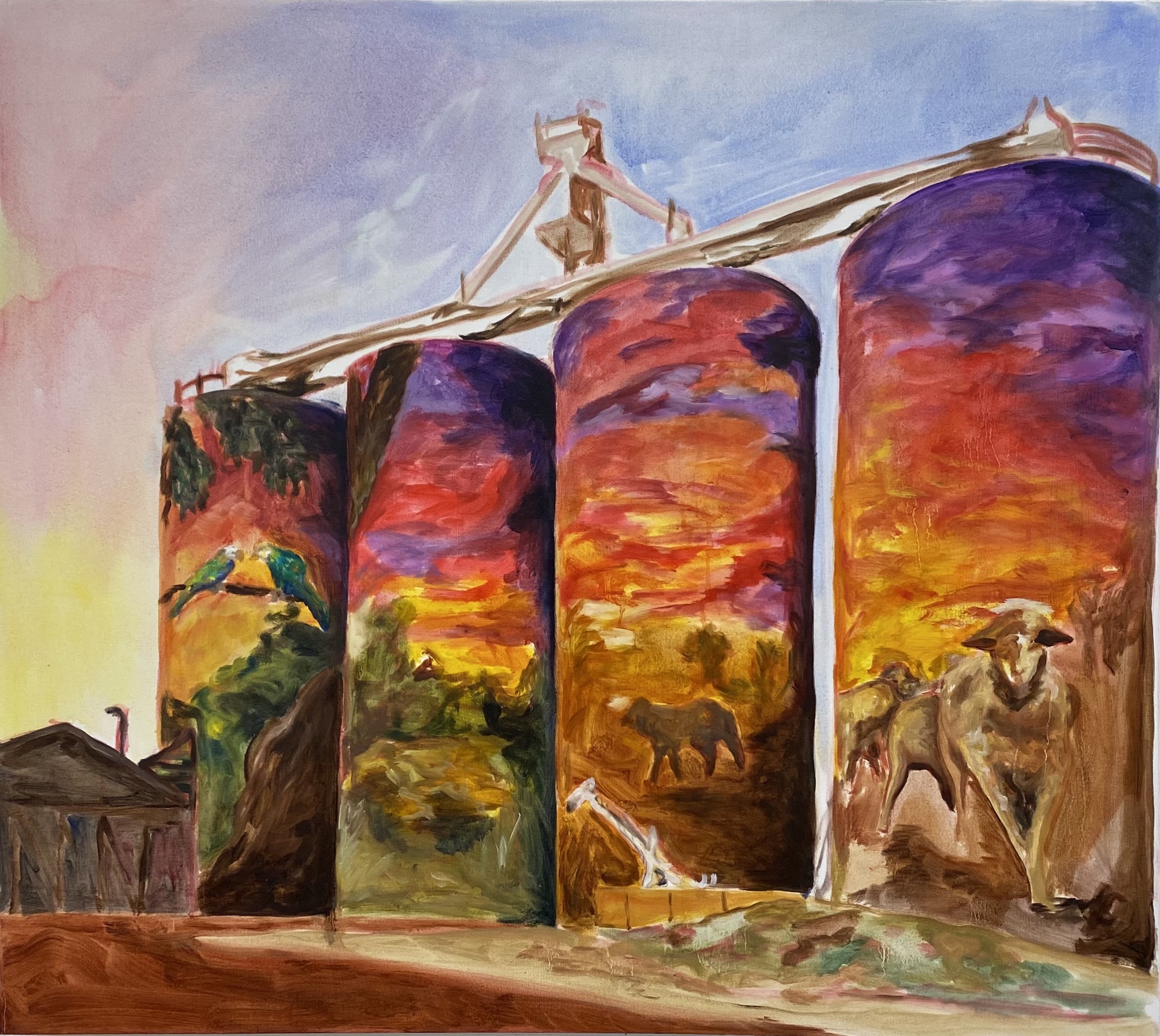 Thallon Silos at Sunset, print by Lucy Brosnan