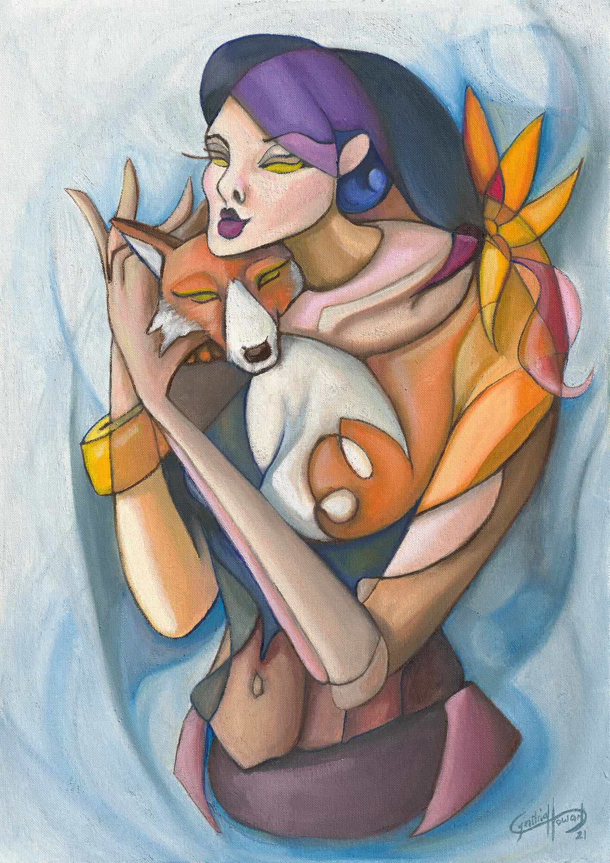 Woman with fox, Oil on oil paper by Cynthia Howard