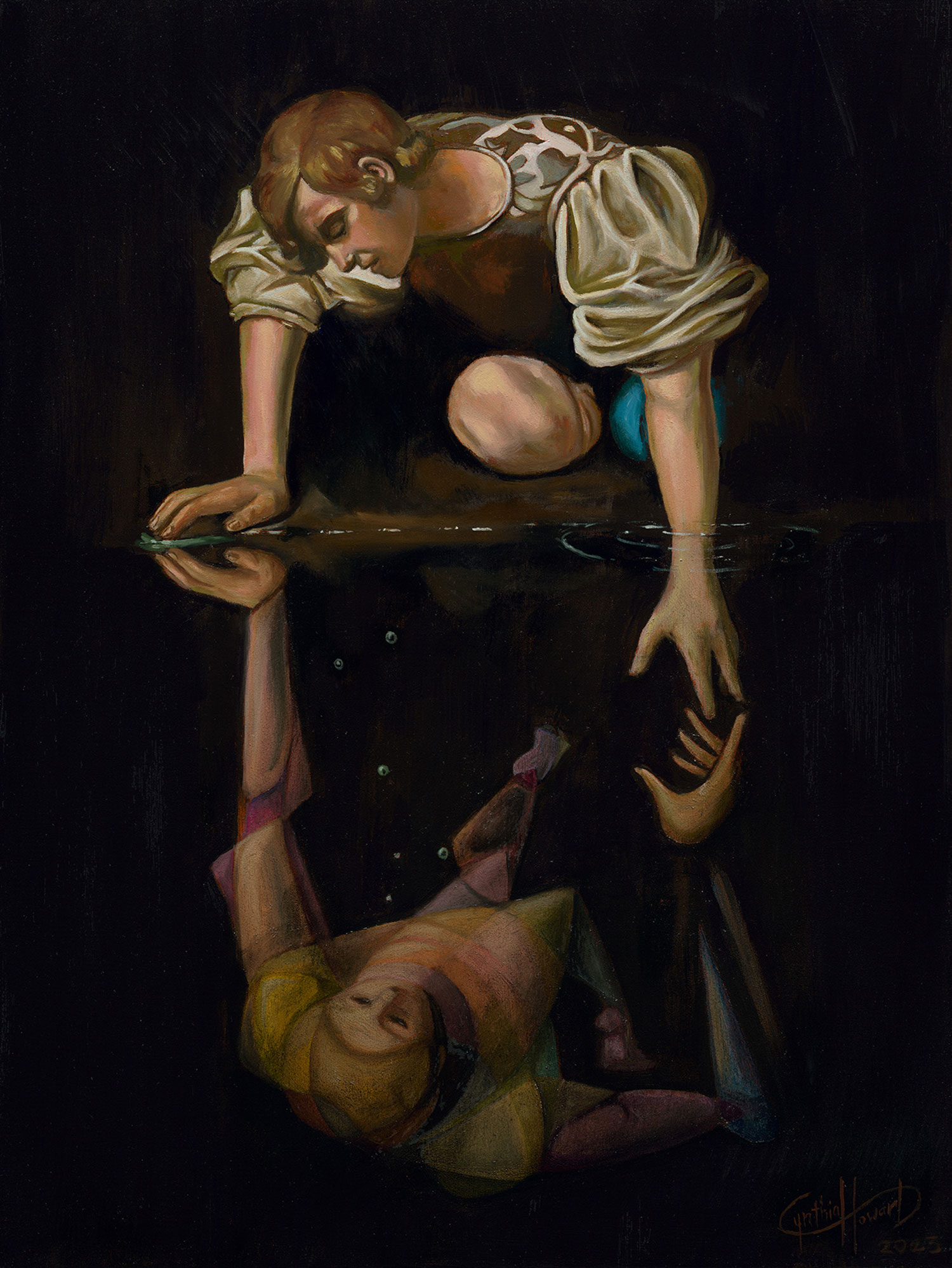 The narcissist who saved himself, oil on gessobord by Cynthia Howard