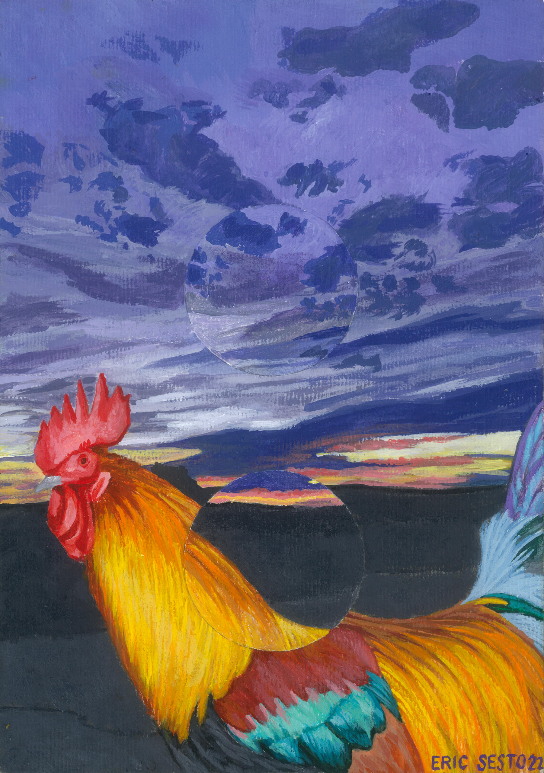 Rooster in the Evening with Two Circles, acrylic on paper by Eric Sesto